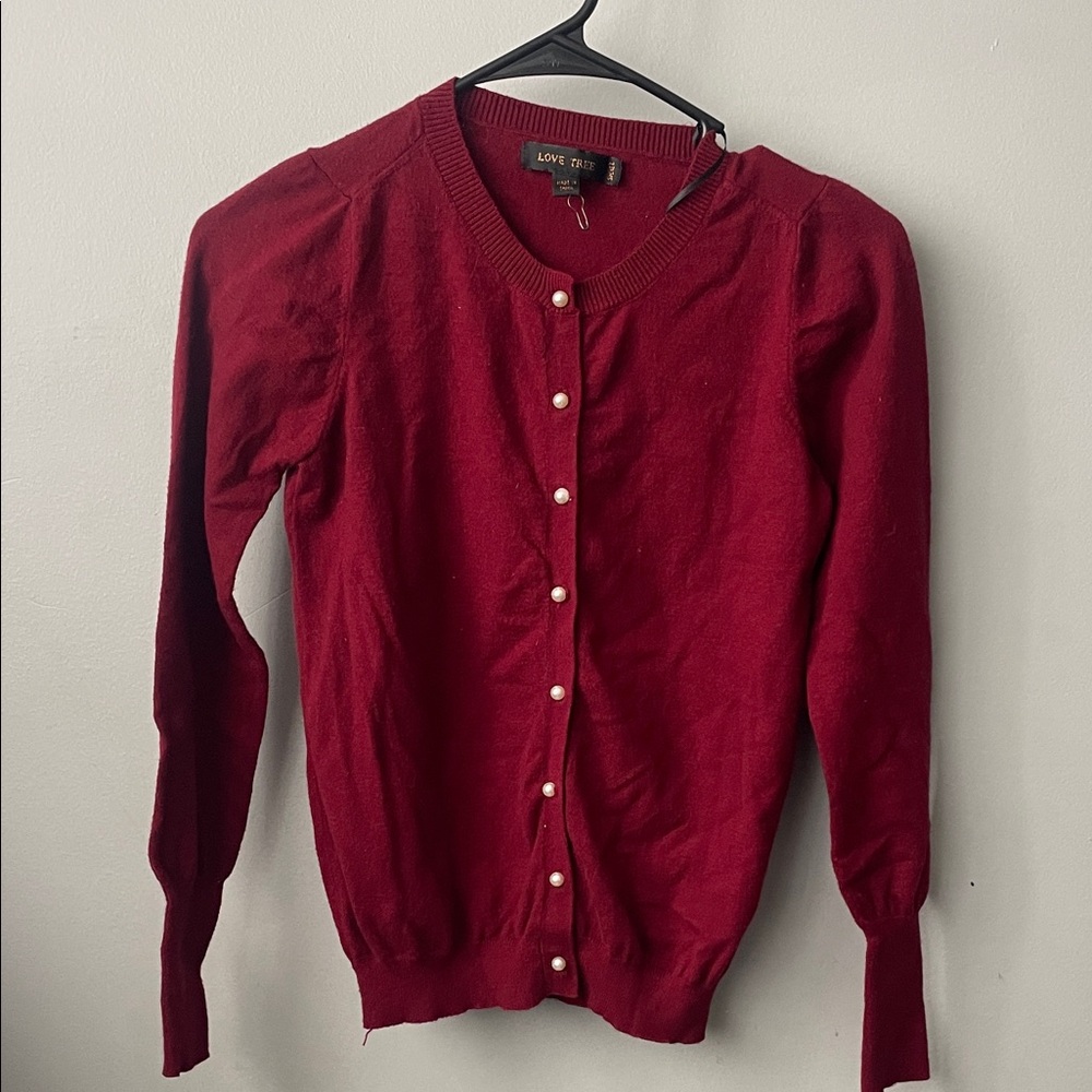 Love Tree Maroon Pearl-Button Crewneck Cardigan